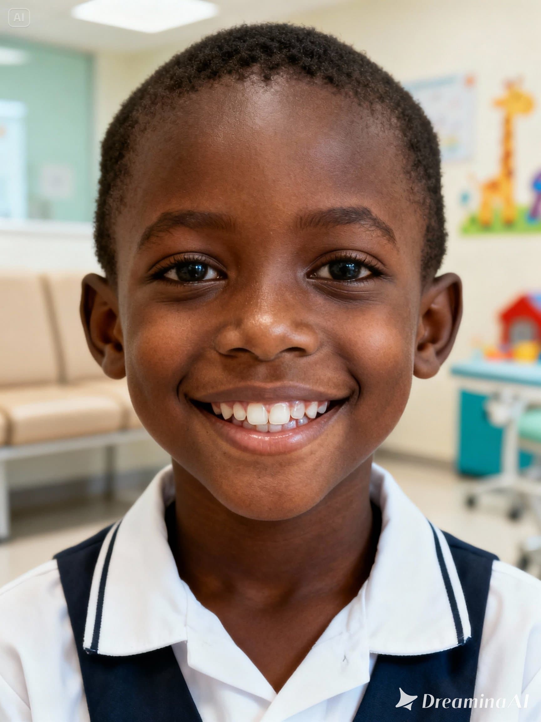 Smiling Kenyan child at a dental clinic showing healthy teeth and preventive dental care