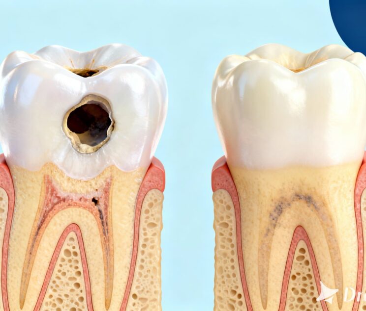 Dental illustration showing tooth Cavity and tooth decay.
